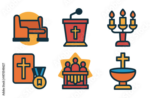Flat vector icons of interior church elements: wooden pew badge, pulpit with mic trophy, altar table medal, candle stand ribbon, cross on wall icon, choir loft badge, pipe organ star, holy water font