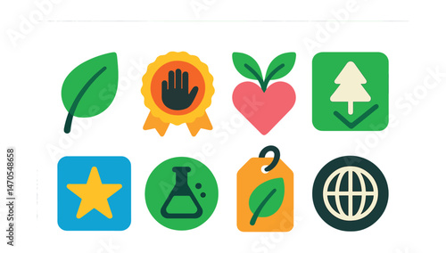 Flat vector icons of eco labels and certifications: organic logo, fair trade badge, cruelty-free icon, FSC label, energy star, non-toxic sign, biodegradable tag, carbon neutral.