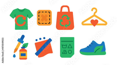Flat vector icons of sustainable fashion: secondhand shirt, fabric patch, thrift bag, slow fashion hanger, natural dye, no microplastic, care label, eco shoe.