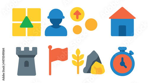 Flat vector icons of strategy games: map grid, unit icon, attack range, building icon, tower defense, war flag, resources icon, turn timer.