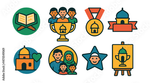 Flat vector icons of mosque community activities: Quran class badge, youth circle trophy, women’s halaqa medal, Islamic lecture banner ribbon, mosque charity office icon, family night flyer badge,