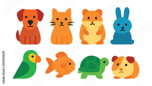 Flat vector icons of domestic pets: dog, cat, hamster, rabbit, parrot, goldfish, turtle, guinea pig.