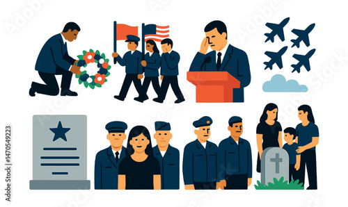 Flat vector icons of Memorial ceremonies: laying wreath, parade with flags, moment of silence, speech podium, military flyover, memorial plaque, veterans gathering, family at gravesite.