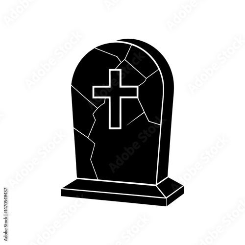 cracked tombstone with cross icon on white 