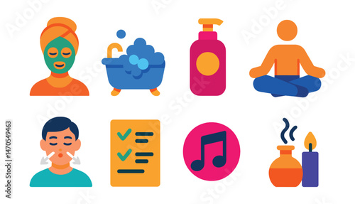 Flat vector icons of self-care habits: face mask, bubble bath, skincare bottle, yoga pose, breathing exercise, gratitude list, relaxing music, aromatherapy.