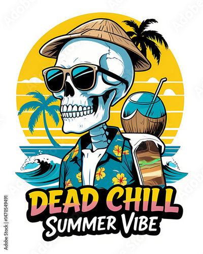 Surfer skull wearing sunglasses and Hawaiian shirt, holding a coconut drink, 'Dead Chill' summer vibe sticker