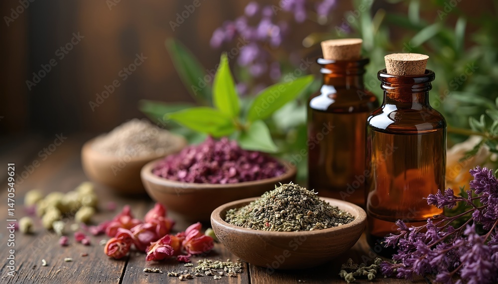 Aromatherapy still life, essential oils bottles, herbs, flowers. Spa, wellness, medicine, relaxation, alternative therapy. Natural, organic ingredients on wooden table. Aromatherapy still life, essential oils bottles, herbs, flowers. Spa, wellness, medicine, relaxation, alternative therapy. Natural, organic ingredients on wooden table.