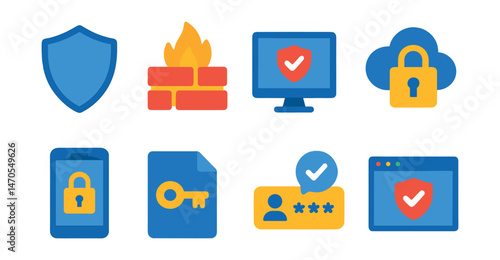Flat vector icons of digital protection: shield icon, firewall, antivirus software, secure cloud, lock screen, data encryption, two-factor authentication, safe browser.