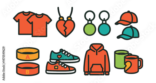 Flat vector icons of friendship day gifts: flower bouquet, greeting card with smile, gift box with ribbon, handmade bracelet, friendship mug, chocolate heart, keychain with initials, memory scrapbook