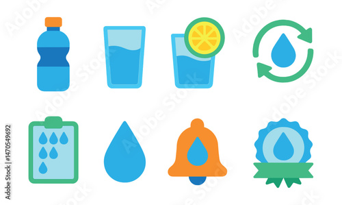 Flat vector icons of hydration habits: water bottle, glass of water, lemon water, refill icon, hydration tracker, water drop, drinking reminder, hydration badge.