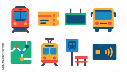 Flat vector icons of public transportation: subway train, metro ticket, platform sign, city bus, route map, tramway, bus stop, contactless card.