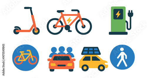 Flat vector icons of eco transport: electric scooter, e-bike, hybrid car, charging station, bicycle lane, carpool, solar vehicle, pedestrian zone.