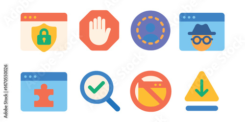 Flat vector icons of browser safety: HTTPS icon, ad blocker, tracker blocker, incognito mode, extension manager, safe search, web filter, download alert.