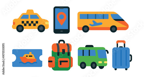 Flat vector icons of travel transport: taxi, ride-hailing app, airport shuttle, intercity train, ferry ticket, coach bus, travel backpack, suitcase.