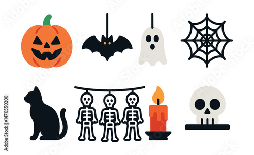Flat vector icons of Halloween decorations: carved pumpkin with face, hanging bat, ghost on a string, spider web, black cat silhouette, skeleton garland, spooky candle, skull on shelf.