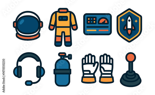 Flat vector icons of space exploration gear: astronaut helmet, space suit, control panel, mission badge, communication headset, oxygen tank, space gloves, navigation joystick.