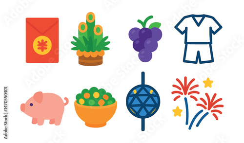 Flat vector icons of global traditions: Chinese red envelope, Japanese kadomatsu, Spanish grapes tradition, Brazilian white outfit, German marzipan pig, Russian Olivier salad, American Times Square
