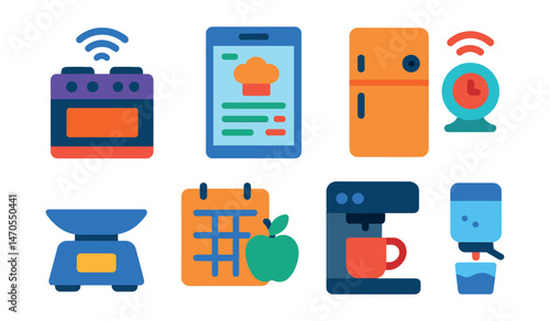 Flat vector icons of smart kitchen: connected stove, recipe screen, fridge camera, voice timer, digital scale, meal planner, smart coffee maker, water dispenser.