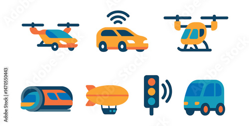 Flat vector icons of future transport: flying car, autonomous vehicle, maglev train, drone taxi, hyperloop capsule, electric airship, smart traffic, urban mobility pod.