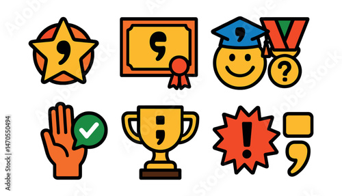 Flat vector icons of punctuation awards and encouragement: punctuation star badge, “comma champ” certificate, smiley face with punctuation hat, medal with question mark, high five with grammar check,