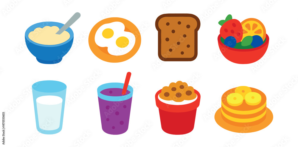 Flat vector icons of breakfast for kids: bowl of oatmeal, scrambled eggs, whole grain toast, fruit salad, milk glass, berry smoothie, yogurt with granola, pancakes with banana. Flat vector icons of breakfast for kids: bowl of oatmeal, scrambled eggs, whole grain toast, fruit salad, milk glass, berry smoothie, yogurt with granola, pancakes with banana.