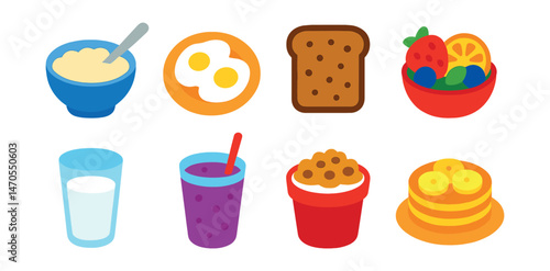 Flat vector icons of breakfast for kids: bowl of oatmeal, scrambled eggs, whole grain toast, fruit salad, milk glass, berry smoothie, yogurt with granola, pancakes with banana.
