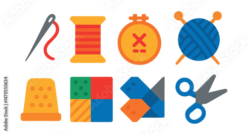 Flat vector icons of textile arts: sewing needle, thread spool, embroidery hoop, yarn ball, knitting needles, thimble, patchwork icon, fabric scissors.
