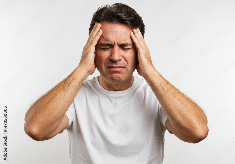 Man holds head in pain, suffering from severe headache or migraine. Concept of stress, illness, health problem and medical issue requiring medicine or therapy for diagnosis. Man holds head in pain, suffering from severe headache or migraine. Concept of stress, illness, health problem and medical issue requiring medicine or therapy for diagnosis.
