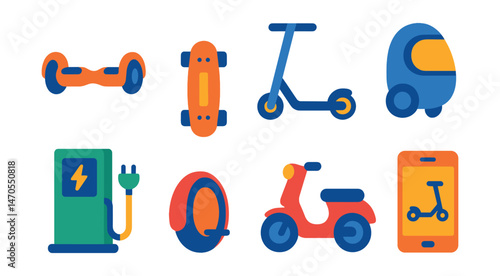 Flat vector icons of electric mobility devices: hoverboard, electric skateboard, foldable scooter, personal e-mobility pod, charging station for e-vehicles, urban monowheel, e-moped, mobile app for