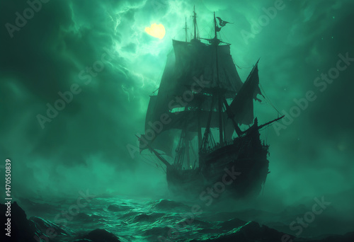 A ghost pirate ship, ominously emerging from the swirling fog