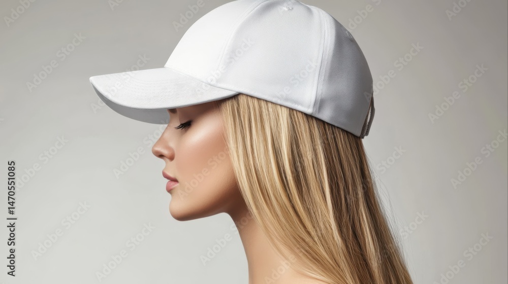 Woman wearing a cap in side view for fashion, branding, and product mockups Woman wearing a cap in side view for fashion, branding, and product mockups