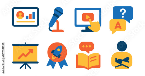 Flat vector icons of pitch presentation: slide deck, pitch microphone, product demo, Q&A moment, presentation screen, startup badge, storytelling icon, confidence pose.