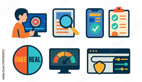 Flat vector icons of media literacy: student analyzing video, newspaper with magnifier, digital news evaluation, fact-check checklist, “fake vs real” icon, critical screen time meter, search engine