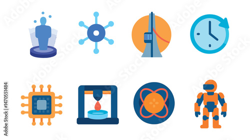 Flat vector icons of futuristic science: hologram, nanobot, space elevator, time travel icon, quantum chip, bioprinter, fusion reactor, exosuit.