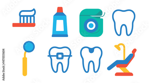 Flat vector icons of dentistry: toothbrush, toothpaste, dental floss, tooth, dental mirror, braces icon, cavity icon, dental chair.