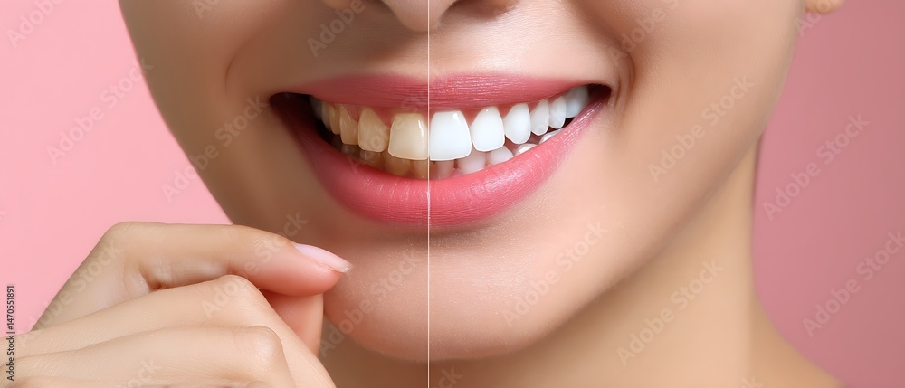 Fototapeta premium Before and After Teeth Whitening Smile Comparison on Pink Background