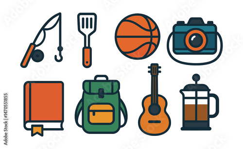 Flat vector icons of dad hobbies and interests: fishing rod, grilling spatula, sports ball, camera with strap, book with bookmark, hiking backpack, guitar, coffee press.