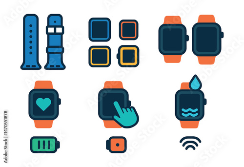 Flat vector icons of wearable design: strap types, color options, device size, screen display, touch controls, waterproof icon, battery life, button style.