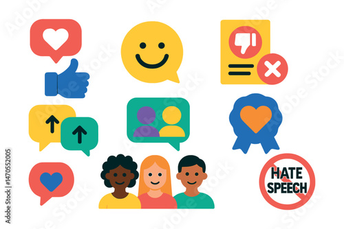 Flat vector icons of online kindness and respect: like with heart bubble, comment with smile, reporting bullying, kindness badge, peer support in chat, uplifting message icon, diverse friend icons,