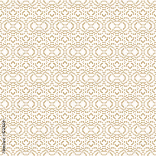 Abstract golden vector seamless pattern in oriental style. Elegant curved mesh, grid, lattice, thin lines. Luxury geometric ornament. Gold and white background texture. Modern repeating geo design