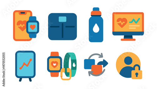 Flat vector icons of device ecosystem: phone companion app, smart scale, smart water bottle, health dashboard, smart mirror, wearable ecosystem, app sync, account login.