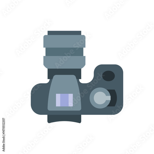 Top down view of a gray camera with a lens and a button on the side for taking pictures photography device