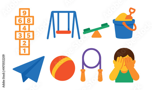 Flat vector icons of children’s games: hopscotch grid, swing set, seesaw, sandbox bucket, paper plane, rubber ball, jump rope, hide and seek gesture.