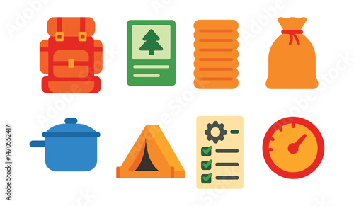 Flat vector icons of backpacking: large pack, trail permit, sleeping pad, food bag, cooking pot, ultralight tent, gear checklist, daily mileage.