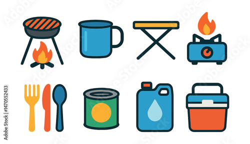 Flat vector icons of outdoor cooking: campfire grill, metal cup, foldable table, portable stove, utensils set, canned food, water container, cooler box.
