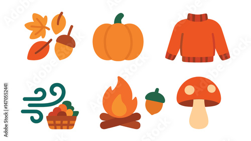 Flat vector icons of autumn season: falling leaves, pumpkin, acorn, sweater, wind gust, harvest basket, campfire, mushroom.