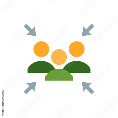 Illustration of a group of people represented by circles and semi circles with arrows pointing inward