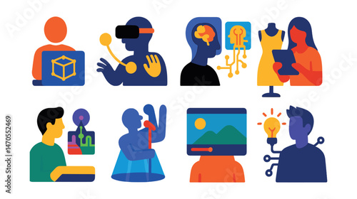 Flat vector icons of digital creatives: 3D animator, immersive storyteller, AI art curator, digital fashion designer, metaverse architect, hologram performer, virtual set designer, creative