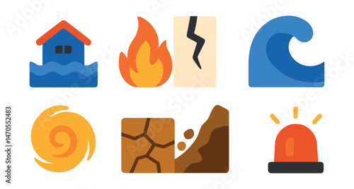 Flat vector icons of natural disasters: flood icon, wildfire, earthquake crack, tsunami wave, hurricane swirl, drought symbol, landslide, emergency siren.