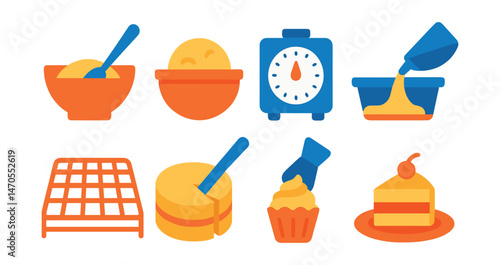 Flat vector icons of baking process: mixing bowl with spoon, dough rising, oven timer, batter pouring, cooling rack, slicing cake, decorating icing, serving dessert.
